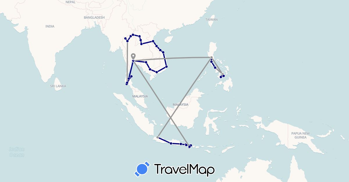 TravelMap itinerary: driving, plane in Indonesia, Cambodia, Laos, Philippines, Thailand, Vietnam (Asia)